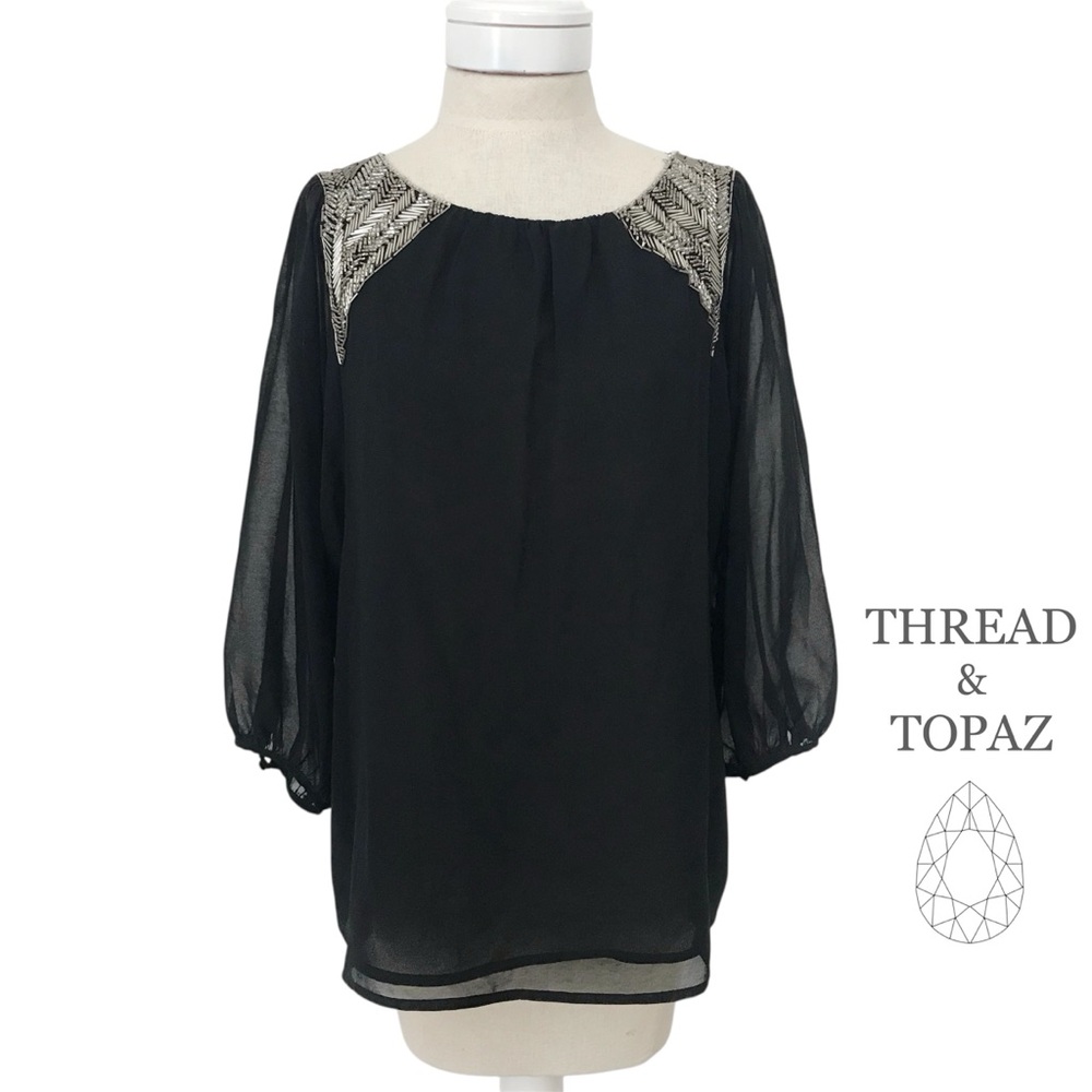 Greylin Anthropologie Black Silver Beaded Top Medium